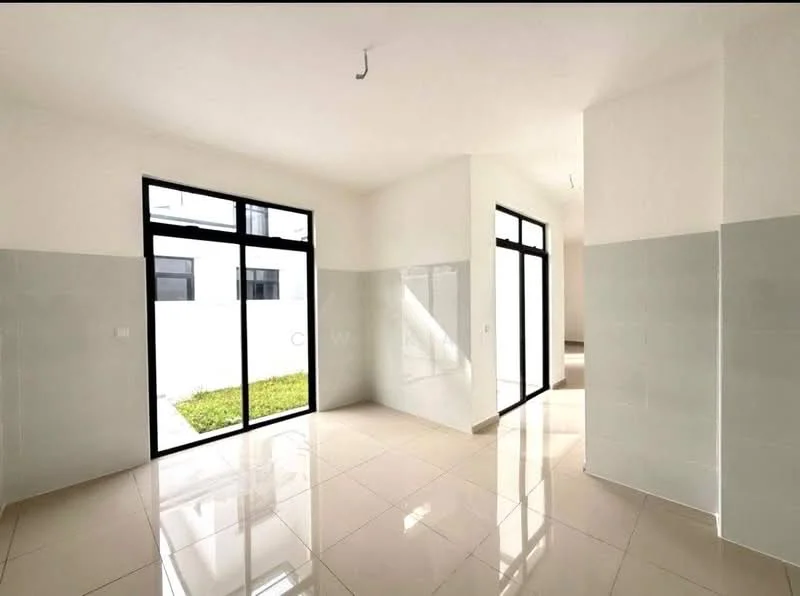 Room features: white painted walls, light grey tiled walls, glossy beige floor tiles, large floor-to-ceiling windows, natural light from windows, greenery visible outside, high ceiling, minimalist design; style: modern; view: garden.