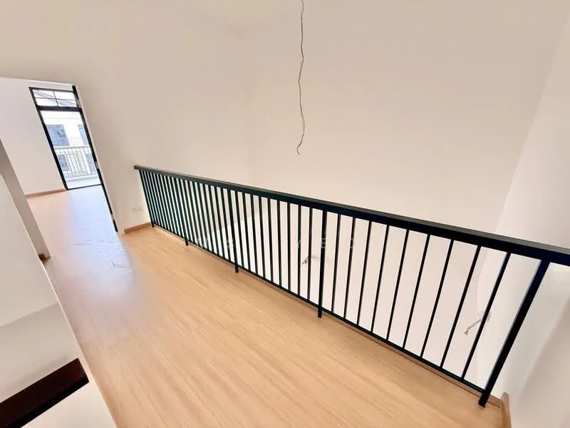 Room features: wooden flooring, white painted walls, black metal railing, large windows, natural light, open space, high ceiling, minimalist design; style: modern.