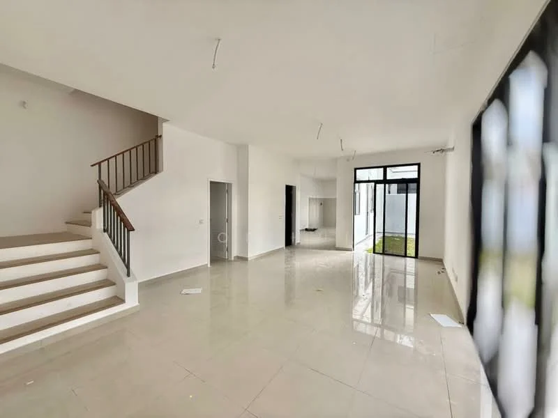 Living features: white painted walls, glossy ceramic tile flooring, large floor-to-ceiling windows, sliding glass door, staircase with wooden railing, recessed downlights, open layout, natural light from windows, access to outdoor area; style: modern; view: garden. Room features: white painted walls, glossy ceramic tile flooring, doorway leading to bathroom, doorway leading to utility area.