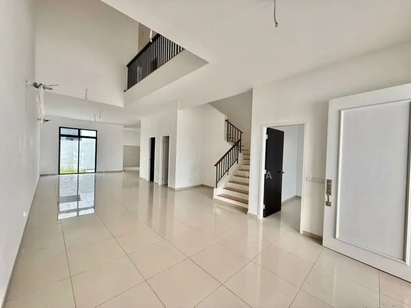 Living features: white painted walls, glossy ceramic tile flooring, high ceiling, staircase with wooden railing, large sliding glass door, natural light from windows, open layout, recessed ceiling lights; style: modern; view: garden.