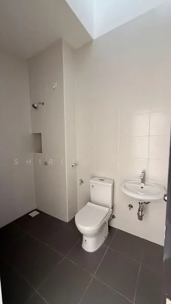 Bathroom features: white ceramic toilet, wall-mounted sink, chrome faucet, shower head, grey ceramic tile flooring, white tiled walls, built-in shower niche, single towel rail; style: modern.