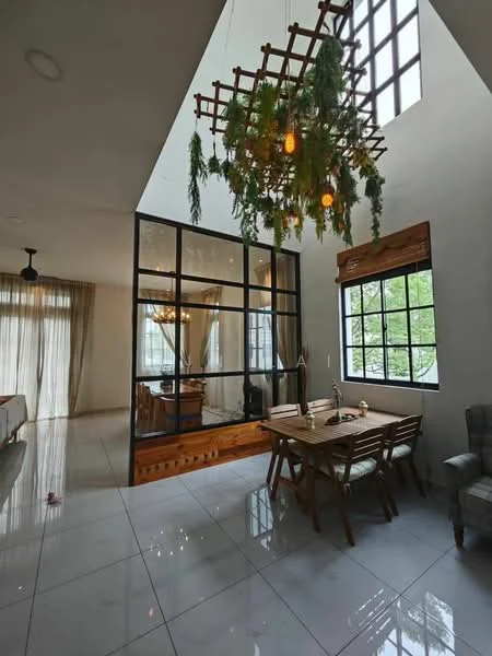 Dining features: dining table with wooden finish, wooden dining chairs, hanging pendant lights, large windows with black frames, white walls, marble tile flooring, decorative ceiling with plants, open layout to living area, natural light from skylight, curtains on windows; style: modern; view: garden. Living features: sofa in grey fabric, coffee table, area rug, large window with view, curtains on windows; style: modern; view: garden.