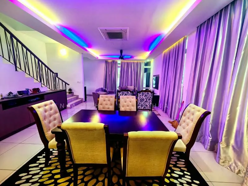 Dining features: 6-seater dining table, upholstered dining chairs, area rug with geometric pattern, recessed downlights, 5-blade ceiling fan, purple LED strip lighting, floor-to-ceiling curtains, white walls, tile flooring; style: modern. Living features: sofa, coffee table, TV console, wall-mounted TV; style: modern.