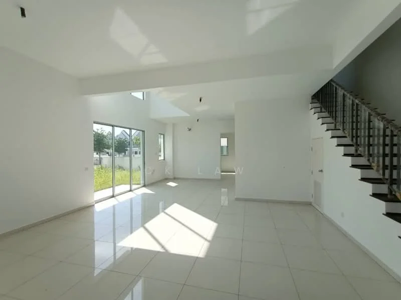 Living features: white painted walls, polished ceramic tile flooring, large floor-to-ceiling windows, sliding glass door, high ceiling, recessed downlights, staircase with metal railing, open layout; style: modern; view: garden.