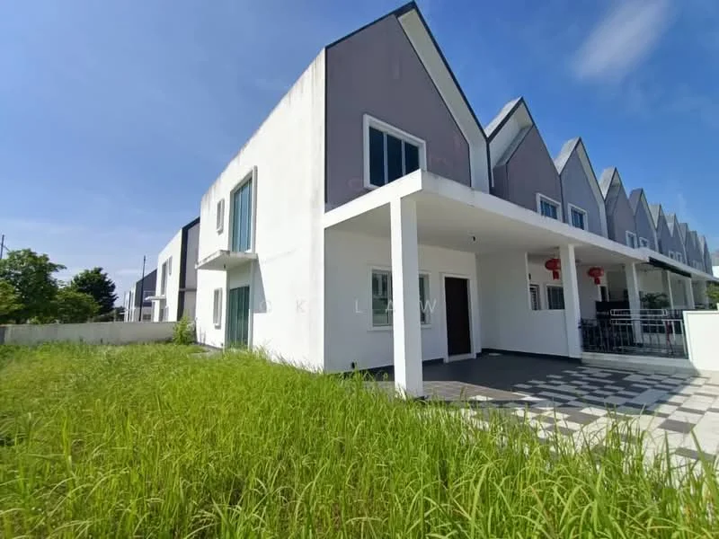 Exterior type: linked terrace house; features: white painted facade, grey accent wall, flat roof, approximately 2-storey, manicured lawn, paved walkway, balcony with railing, large windows, open porch area; style: modern.