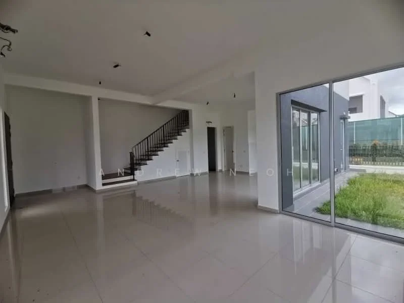 Living features: white painted walls, polished ceramic tile flooring, large glass sliding doors, staircase with metal railing, recessed downlights, high ceiling, open layout, natural light from windows; style: modern; view: garden. Room features: white painted walls, polished ceramic tile flooring, high ceiling, recessed downlights.