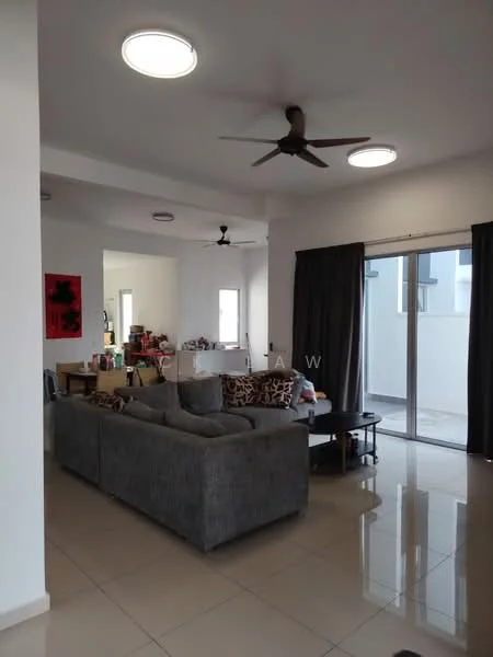 Living features: 3-seater fabric sofa in grey, coffee table, wall-mounted TV, 2 ceiling fans, recessed downlights, sliding glass door, floor-to-ceiling windows, cream painted walls, glossy tile flooring, blackout curtains; style: modern. Room features: open layout, decorative wall art, light-colored walls.