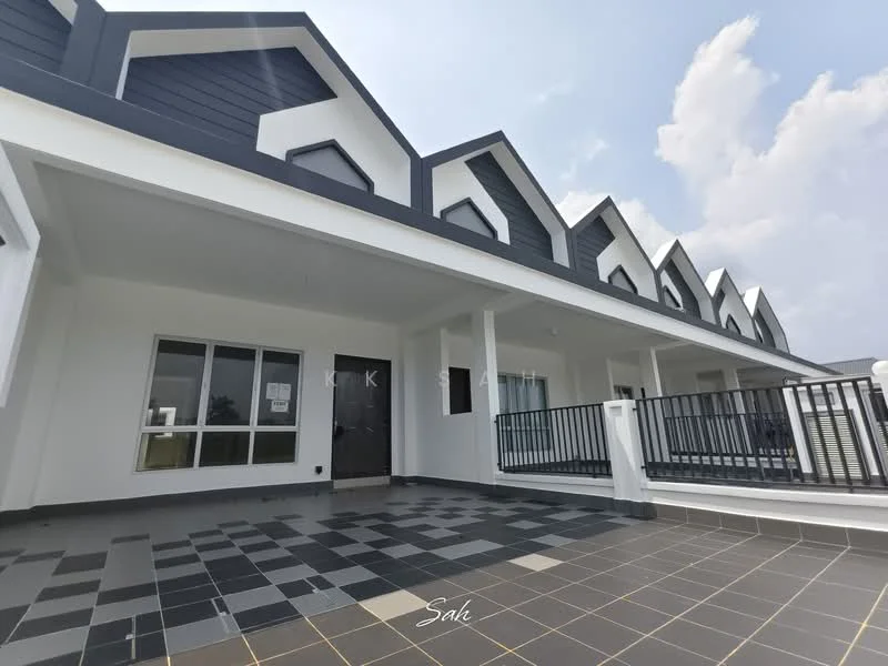 Exterior type: linked terrace house; features: black and white painted facade, flat roof, 2-storey structure, balcony with railing, tiled flooring in outdoor area, large windows, main entrance door, decorative gables, manicured landscaping, surrounded by open space; style: modern.