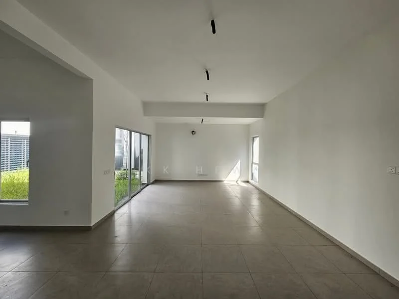 Room features: white painted walls, tile flooring, recessed downlights, large sliding glass door, floor-to-ceiling windows, neutral color scheme, open layout, high ceiling; style: modern; view: garden.