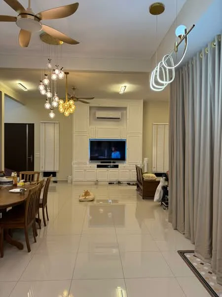 Living features: white painted walls, glossy ceramic tile flooring, 5-blade ceiling fan with light, chandelier with multiple bulbs, modern pendant light, built-in TV console, wall-mounted TV, dining table with 8 wooden chairs, curtains with tiebacks, decorative area rug, air conditioning unit, open layout to kitchen, decorative wall paneling; style: modern.