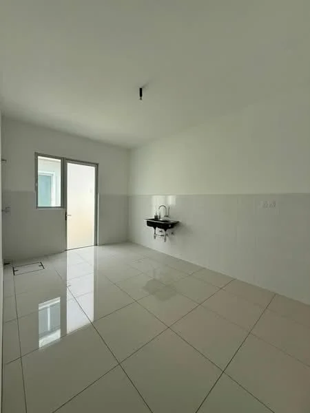 Laundry features: white painted walls, glossy white tile flooring, single-bowl sink, chrome faucet, floor-to-ceiling window, sliding glass door, no visible cabinetry, no visible appliances; style: minimalist.