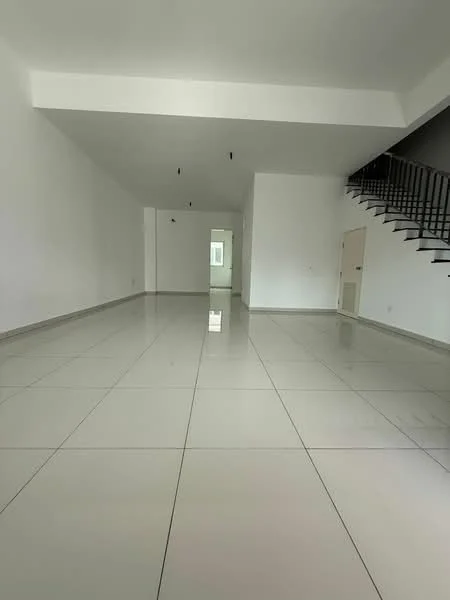 Room features: white painted walls, polished ceramic tile flooring, recessed downlights, open layout, staircase with black railing, large windows, high ceiling, neutral color scheme; style: modern.
