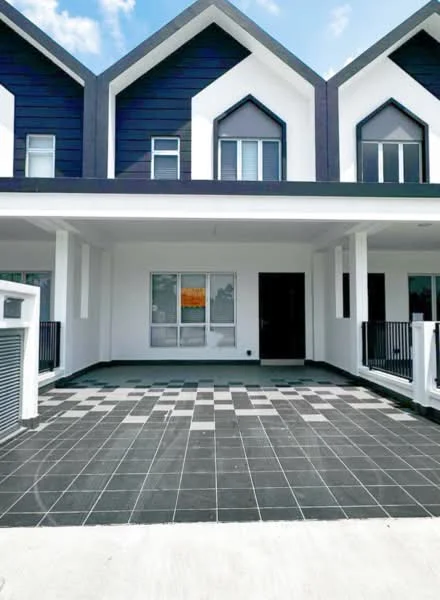 Exterior type: linked terrace house; features: black and white tiled facade, gabled roof with dark shingles, two-storey structure, front porch area, large windows with white frames, balcony on upper floor, manicured front yard, concrete driveway, modern architectural design, surrounded by similar styled houses; style: modern.