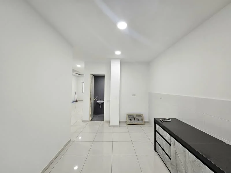 Room features: white painted walls, glossy white tile flooring, recessed LED downlights, black countertop, grey cabinetry, door leading to another room, air conditioning unit on wall; style: modern.