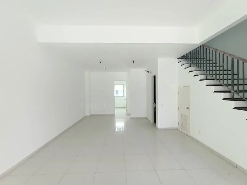 Room features: white painted walls, polished ceramic tile flooring, open layout, staircase with metal railing, recessed downlights, large windows for natural light, air conditioning vent, utility closet; style: modern.