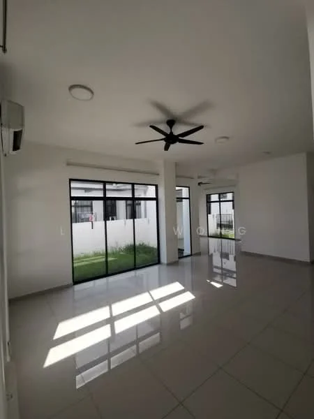 Living features: white painted walls, glossy ceramic tile flooring, 5-blade ceiling fan, floor-to-ceiling windows, sliding glass door, natural light from windows, air conditioning unit, view of outdoor grass area; style: modern; view: garden.