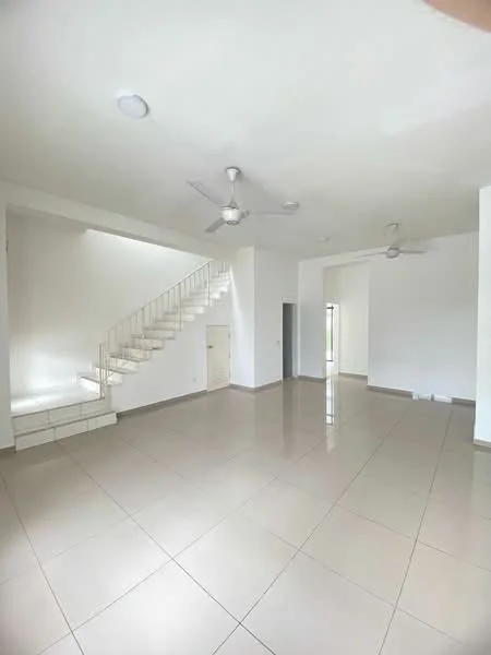 Living features: white painted walls, glossy ceramic tile flooring, ceiling with recessed downlights, 2 ceiling fans, staircase with white railing, large windows for natural light, open layout, neutral color scheme; style: modern.