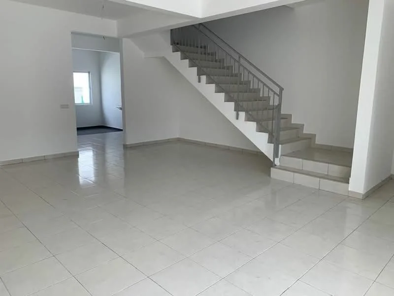 Room features: white painted walls, glossy ceramic tile flooring, staircase with metal railing, large windows allowing natural light, open layout, high ceiling, neutral color scheme, no visible furniture; style: modern.