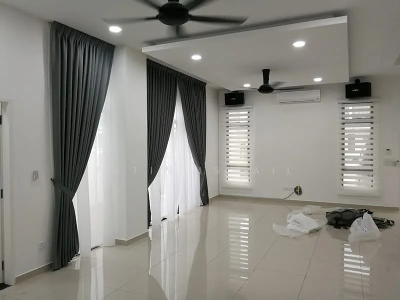 Living features: white painted walls, glossy ceramic tile flooring, tray ceiling with recessed lighting, 2 ceiling fans, floor-to-ceiling windows, sheer curtains, blackout curtains, air conditioning unit, wall-mounted AC unit, decorative wall paneling; style: modern.