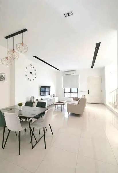 Living features: white painted walls, glossy tile flooring, recessed downlights, 3-blade ceiling fan, wall-mounted TV, TV console, sofa in beige, dining table with 6 chairs, decorative wall clock, large window with sheer curtains, air conditioning unit; style: modern.