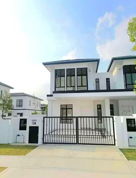 Exterior type: semi-detached house; features: white painted facade, black window frames, glass sliding doors, flat roof, two-storey structure, manicured lawn, fenced front yard, paved driveway, modern architectural design, multiple large windows, balcony on upper floor, gated entry; style: modern.