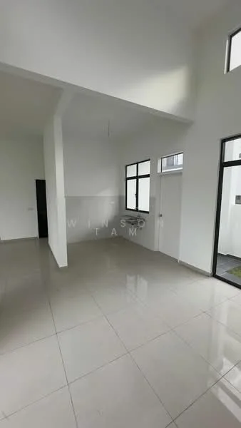 Room features: white painted walls, high ceiling, large windows, floor-to-ceiling windows, light-colored tile flooring, open layout, door leading outside, corner windows, minimalist design; style: modern; view: garden.