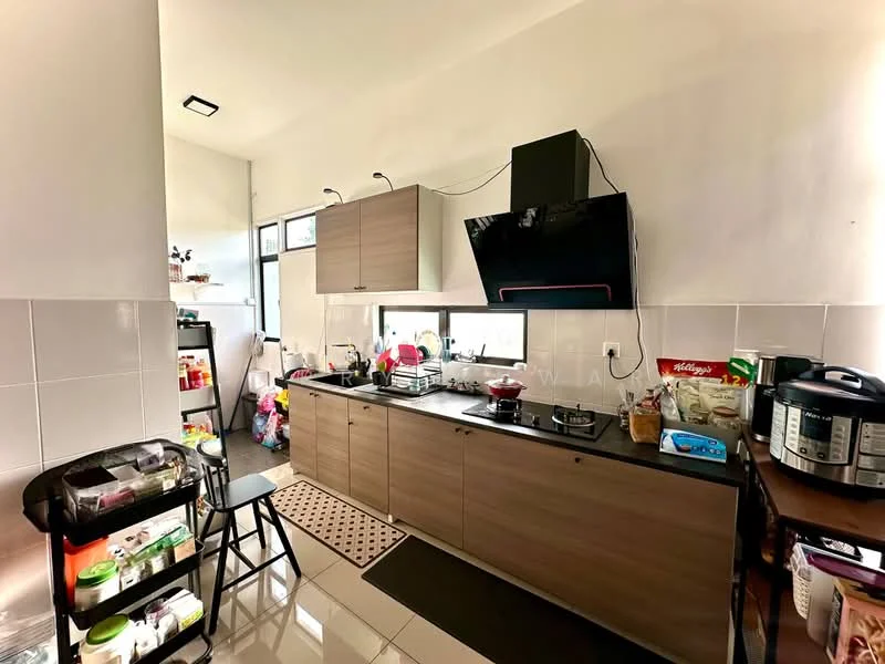 Kitchen features: laminate cabinetry in light wood finish, black countertop, stainless-steel sink, chrome pull-down faucet, built-in black range hood, wall-mounted microwave, ceramic tile flooring, recessed downlights, open shelving, kitchen appliances including rice cooker and multi-cooker, small dining table, black bar stool; style: modern.
