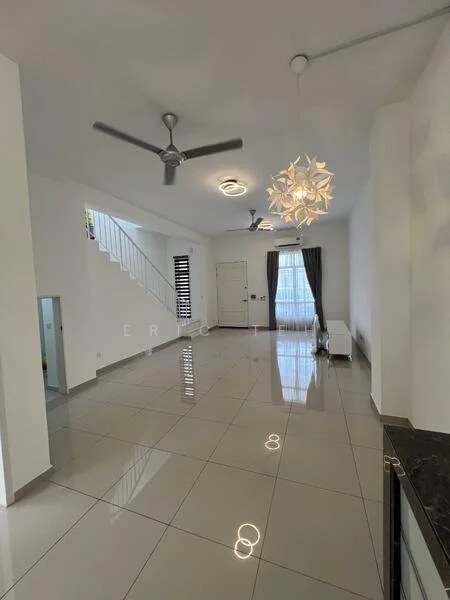 Living features: white painted walls, glossy tile flooring, 5-blade ceiling fan with light, chandelier, large windows with sheer curtains, open layout, staircase leading to upper floor, recessed downlights, decorative wall feature, neutral color palette; style: modern.