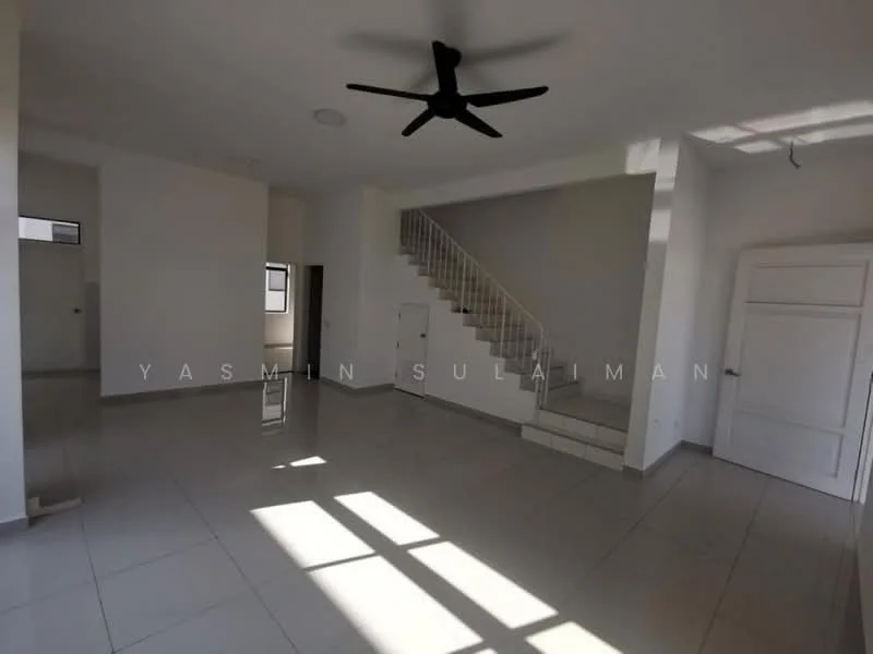 Living features: white painted walls, polished ceramic tile flooring, 5-blade ceiling fan, staircase with white railing, large windows allowing natural light, doorway leading to another room, corner for potential furniture placement, open layout; style: modern.