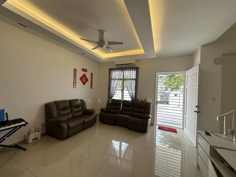 Living features: 2 brown leather sofas, white painted walls, glossy tile flooring, tray ceiling with recessed lighting, 5-blade ceiling fan, large window with sheer curtains, glass door leading to exterior, decorative wall art, white door, red welcome mat; style: modern.