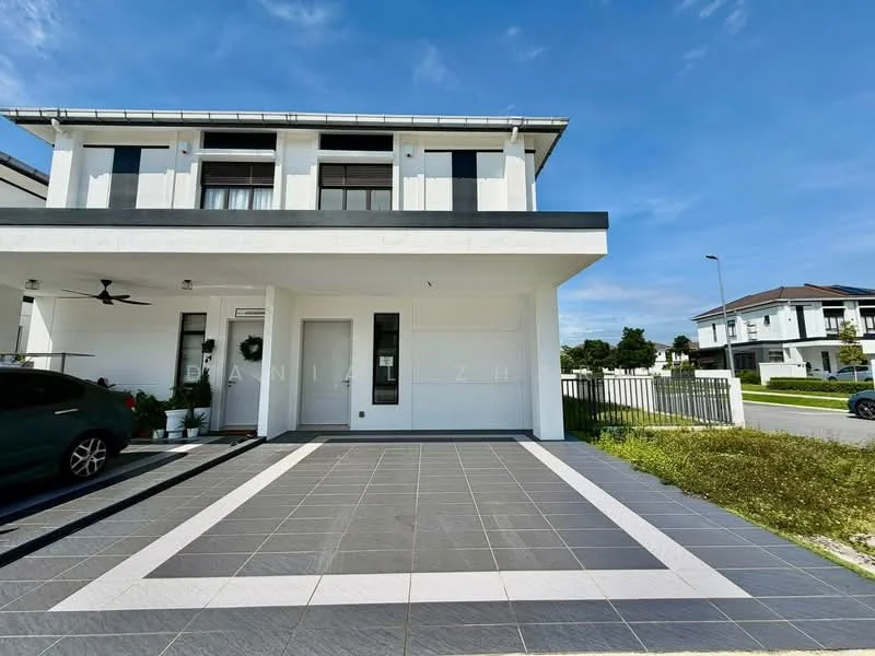 Exterior type: semi-detached house; features: white painted facade, flat roof, 2-storey structure, grey tiled flooring in driveway, manicured lawn, paved walkway, car porch, ceiling fan on porch, large windows, front entrance with no visible door, surrounded by greenery; style: modern.