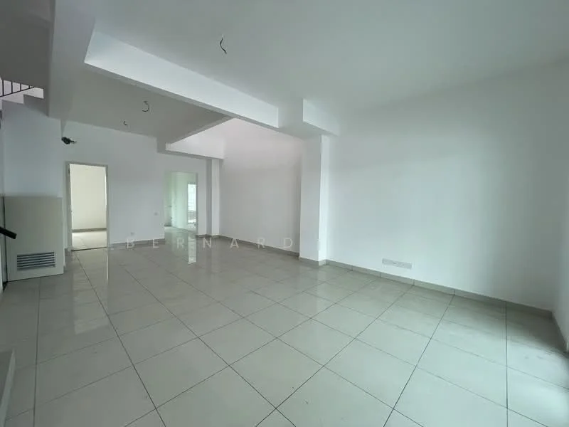 Room features: white painted walls, polished ceramic tile flooring, high ceiling, open layout, natural light from windows, no visible furniture, neutral color scheme, minimalist design; style: modern.