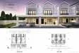 Exterior type: linked terrace house; features: white painted facade, recessed balconies, flat roof, manicured lawn, mature trees, stone-paved walkway, double-volume main lobby, feature lighting at night; style: modern.