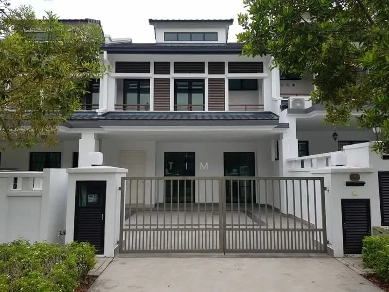 Exterior type: linked terrace house; features: white painted facade, sliding glass door, recessed balconies, gated entry, manicured lawn, paved driveway, multiple windows with shutters, roof with overhang, air conditioning unit visible, front porch area; style: modern.