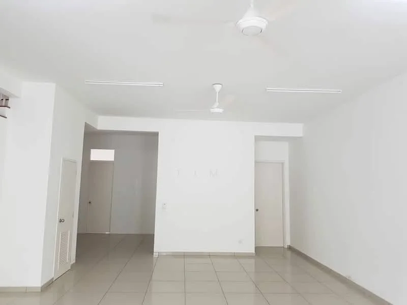 Room features: white painted walls, tile flooring, ceiling fan, recessed ceiling lights, doorway to adjacent room, doorway to hallway, neutral color scheme; style: modern.
