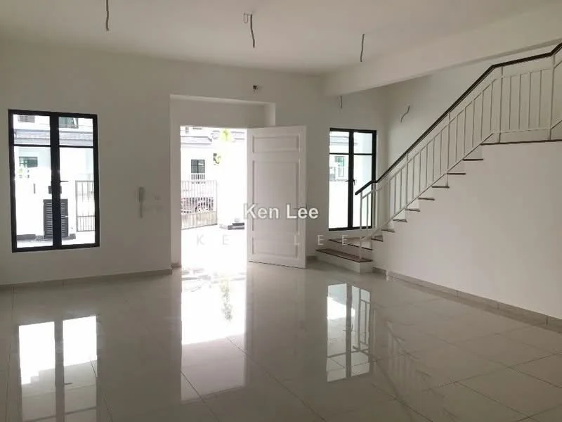 Room features: white painted walls, glossy tile flooring, staircase with white railing, large windows, double door entry, high ceiling, natural light, open layout; style: modern.