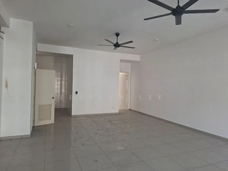 Room features: white painted walls, grey tiled flooring, 2 ceiling fans, doorway leading to another room, light fixtures on ceiling, no visible furniture, open layout, large windows, neutral color scheme; style: modern.