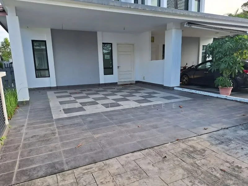 Exterior type: linked terrace house; features: paved driveway, grey tiled flooring, white painted columns, exterior wall with grey paint, single main entrance door, two windows on either side of the entrance, car porch, landscaped potted plant; style: modern.