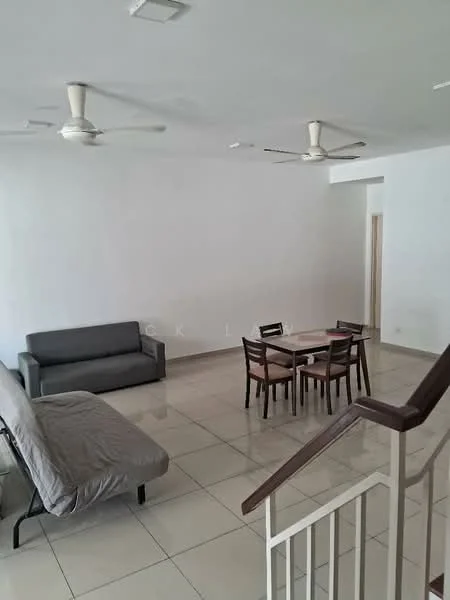 Living features: white painted walls, glossy ceramic tile flooring, 2 ceiling fans, sofa bed in grey, 4-seater wooden dining table, wooden dining chairs, open layout, natural light from windows; style: modern.