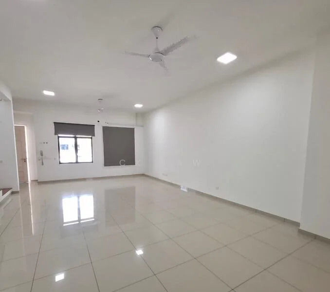 Living features: white painted walls, glossy ceramic tile flooring, 5-blade ceiling fan with light, recessed LED downlights, large window with roller blinds, neutral color scheme, open layout, no visible furniture; style: modern.