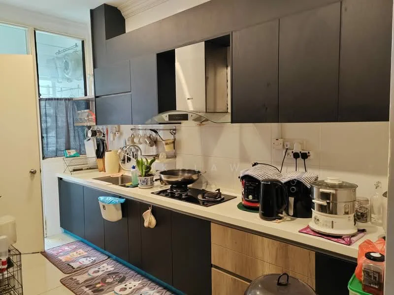 Kitchen features: black cabinetry, wooden cabinetry, stainless-steel sink, chrome pull-down faucet, built-in oven, freestanding gas range oven, microwave, rice cooker, blender, kettle, dishwasher, countertop with space for food preparation, tile backsplash, floor mat with cartoon design; style: modern.
