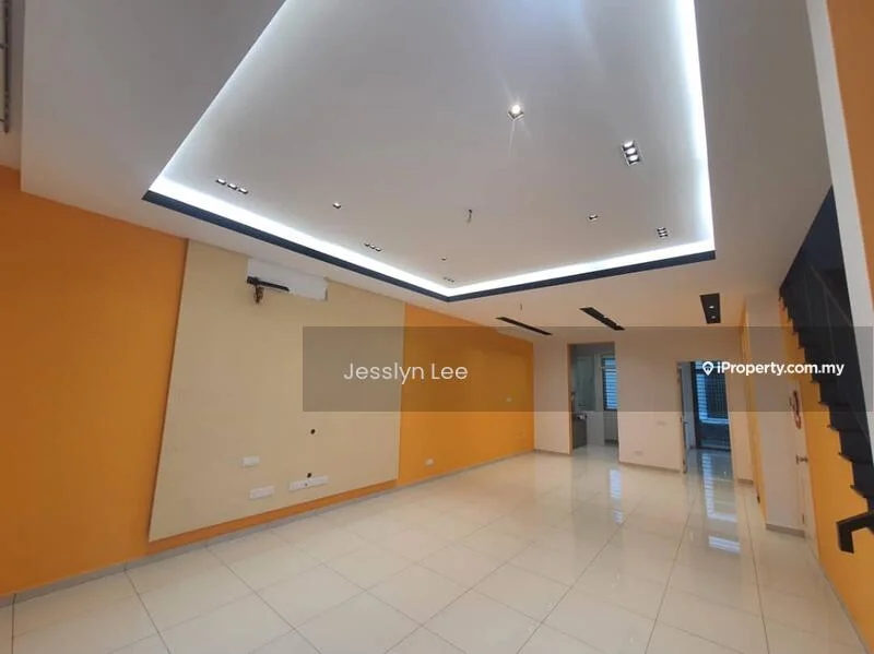 Living features: orange painted walls, white ceiling with recessed lighting, white tile flooring, exposed air conditioning unit, sliding glass door, staircase with black railing, built-in wall panel, LED strip lighting; style: modern.