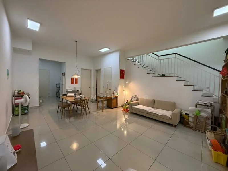 Living features: white painted walls, glossy tile flooring, 5-blade ceiling fan with light, sofa in beige, coffee table, dining table with 4 chairs, staircase with white railing, floor lamp, decorative plants, open layout, natural light from windows; style: modern. Room features: white painted walls, glossy tile flooring, doorway leading to another room.