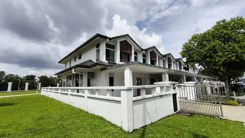 Exterior type: linked terrace house; features: white painted facade, pitched tile roof, 2-storey building, manicured lawn, surrounded by greenery, fenced perimeter, gated entry, balconies with railings, driveway, front yard; style: modern.