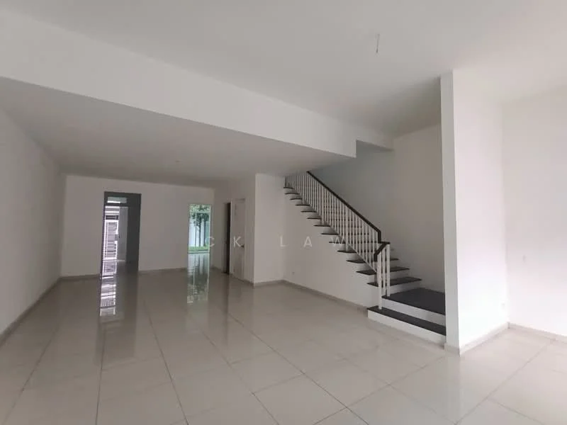 Room features: white painted walls, glossy ceramic tile flooring, staircase with black steps and white railing, large windows allowing natural light, open layout, high ceiling, no visible furniture, neutral color scheme; style: modern; view: garden.