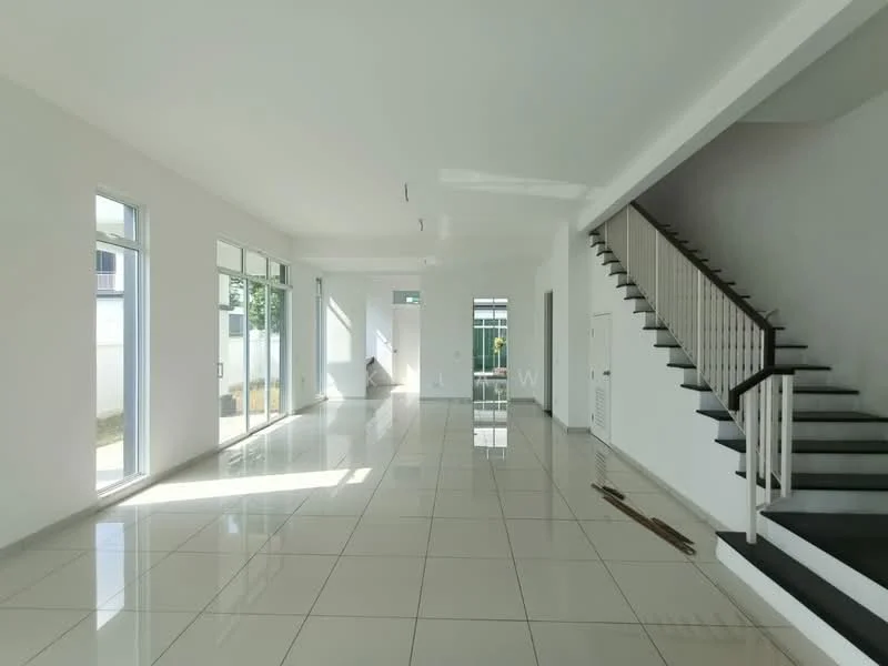 Living features: white painted walls, glossy ceramic tile flooring, large floor-to-ceiling windows, sliding glass door, open layout, staircase with wooden steps and white railing, recessed downlights, natural light, high ceiling; style: modern; view: garden.