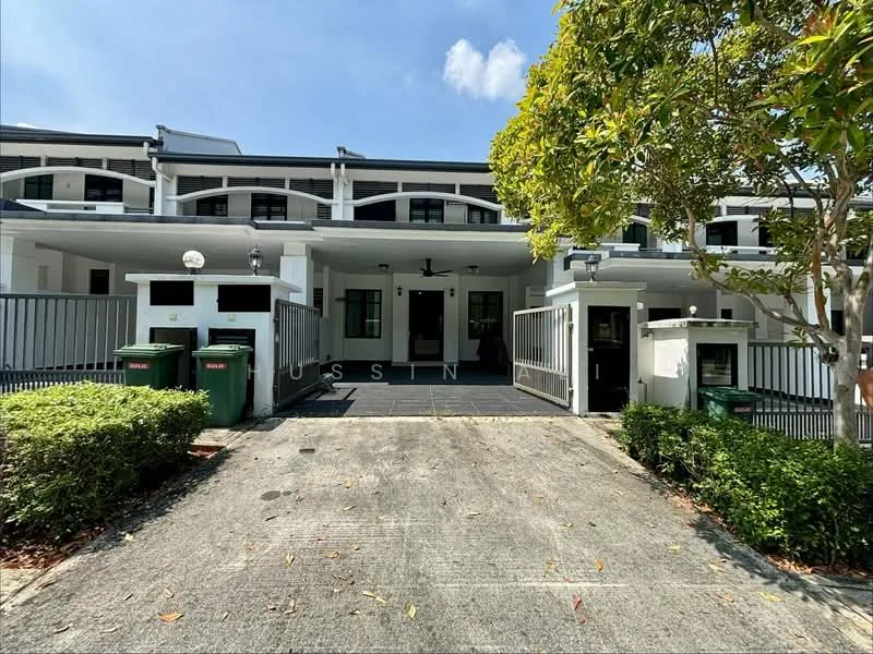 Exterior type: linked terrace house; features: two-storey building, grey tiled roof, white painted facade, black wrought iron gate, paved driveway, manicured shrubs, green waste bins, outdoor lighting fixtures, covered porch area, front entrance with double doors; style: modern.