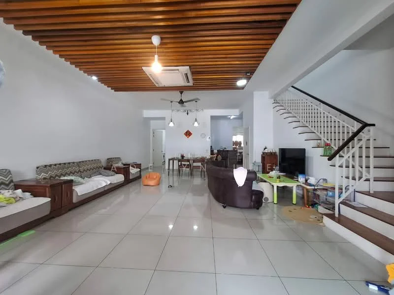 Living features: wooden ceiling with exposed beams, white painted walls, glossy ceramic tile flooring, 3-seater fabric sofa in grey, 2-seater wooden sofa, coffee table, TV console, wall-mounted TV, ceiling fan with light, air conditioning unit, decorative wall art, staircase with white railing, open layout to dining area; style: modern. Dining features: dining table with chairs, light fixture above dining table; style: modern.