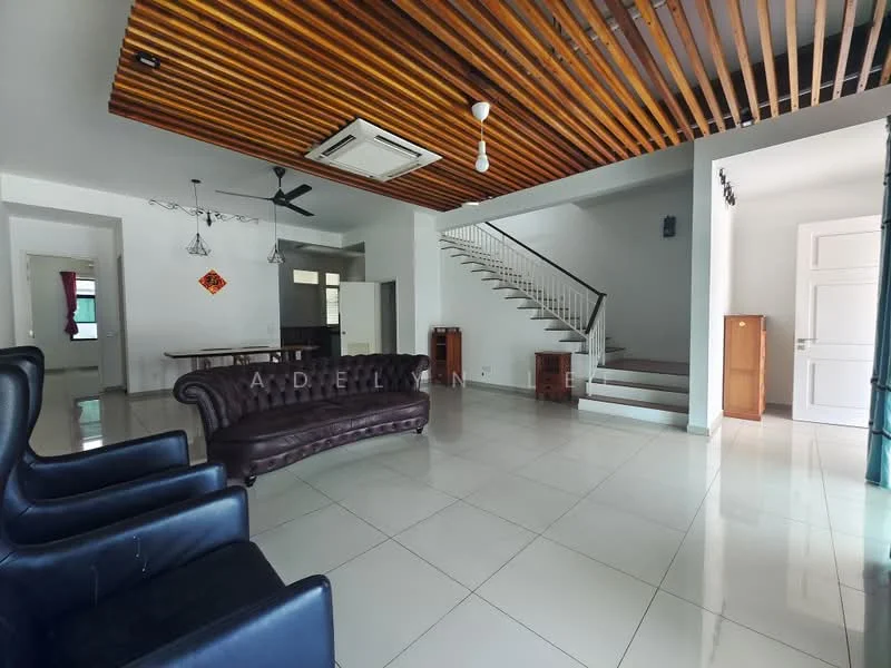 Living features: dark brown leather chesterfield sofa, white tiled flooring, wooden ceiling with exposed beams, 5-blade ceiling fan, wall-mounted air conditioning unit, large windows with sheer curtains, decorative wall art, open staircase with white railing, recessed lighting, dining area visible in background; style: modern. Room features: white walls, open layout, natural light from windows.