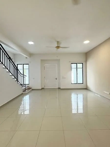 Living features: white painted walls, glossy ceramic tile flooring, 5-blade ceiling fan, two windows with black frames, main entrance door, staircase with metal railing, recessed ceiling lights; style: modern.